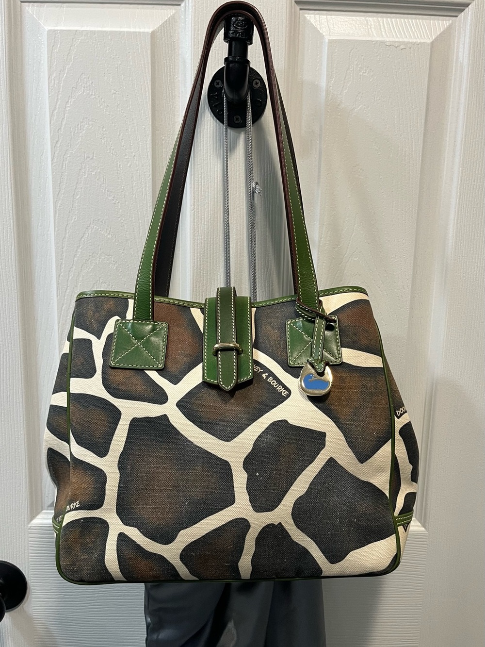 Dooney & Bourke Green Leather Trim Giraffe Print Tote Bag.